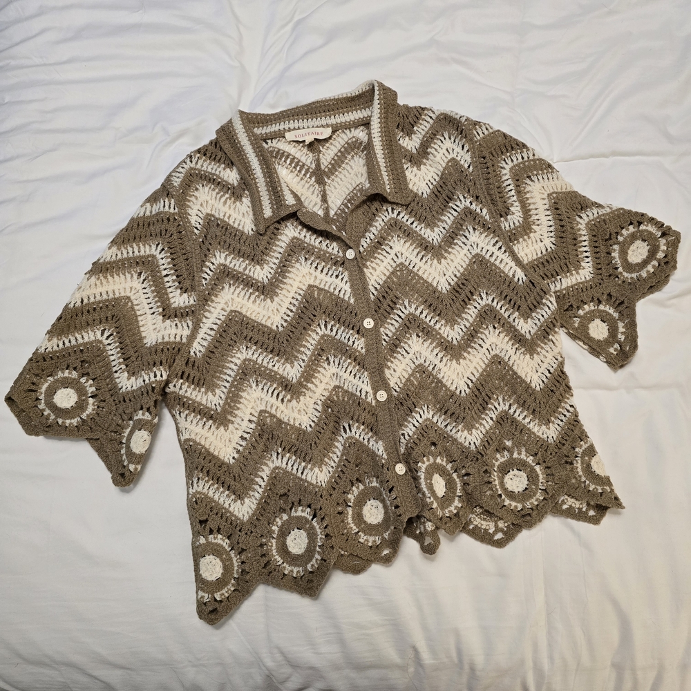 Solitaire Taupe and Cream Crochet Button-Up Top